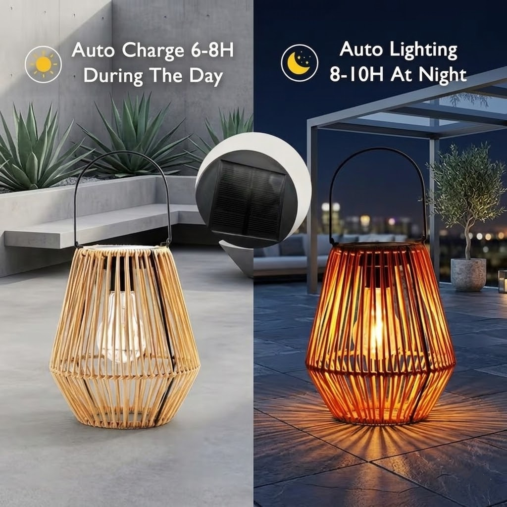 Solar Rattan Lantern Outdoor Hanging Cone Wicker Light with Tungsten LED Bulb, IP65 Waterproof Decorative Garden Lamp for Patio & Landscape