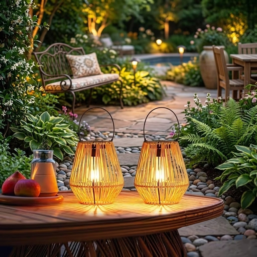 Solar Rattan Lantern Outdoor Hanging Cone Wicker Light with Tungsten LED Bulb, IP65 Waterproof Decorative Garden Lamp for Patio & Landscape