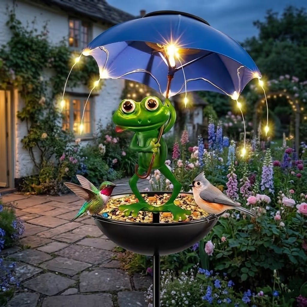 LXY Garden Solar Frog Bird Feeder with Umbrella - Metal Decorative Wild Bird Feeders for Outside Garden Decor - Wholesale Supplier