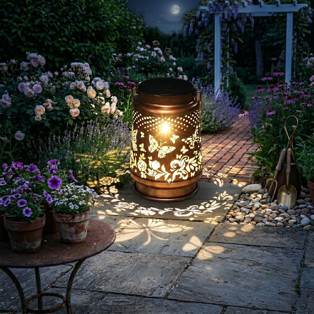 Wholesale Metal Solar Garden Lantern - Intricate Floral & Butterfly Shadow Light