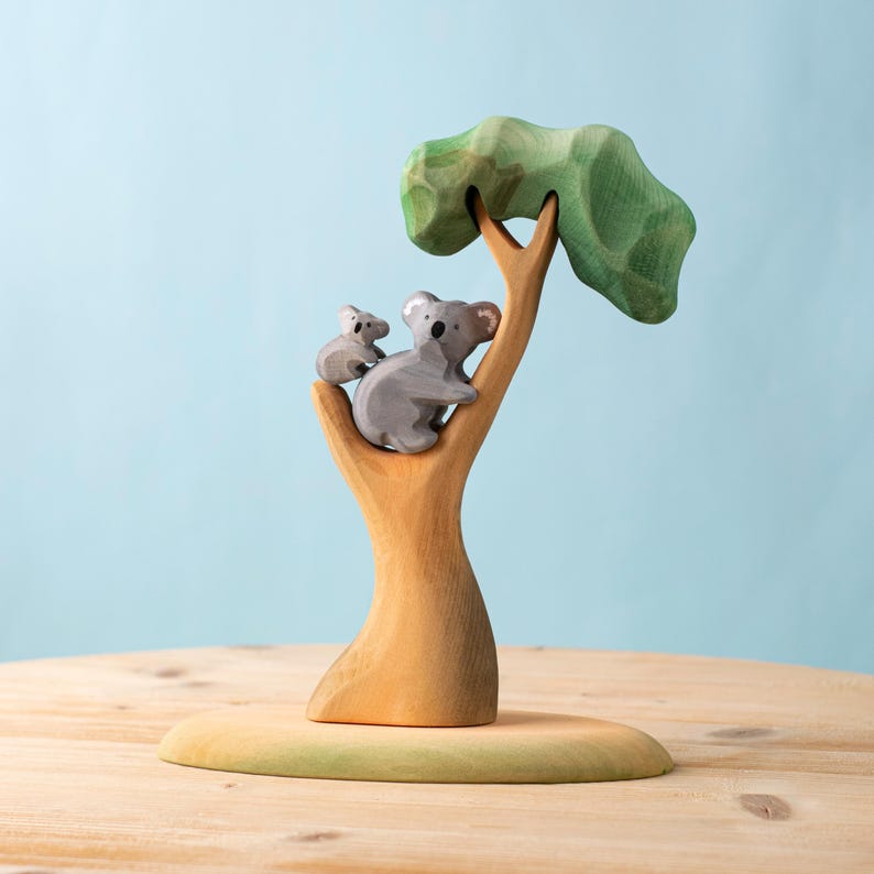 Handmade Wooden Koala Family with Eucalyptus Tree | Waldorf Toy