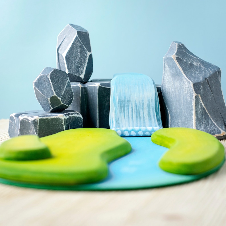 River Plate, Waterfall, Rocks SET | Wooden Toy | Non-Toxic Paint