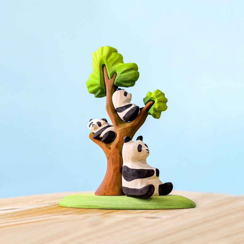 Handcrafted Wooden Panda Bears Family with Tree | Waldorf Montessori Toy