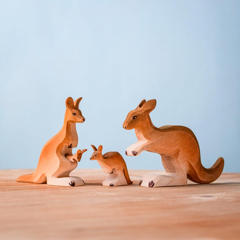 Wooden Kangaroo Family Set | Handmade Waldorf Toy Figures