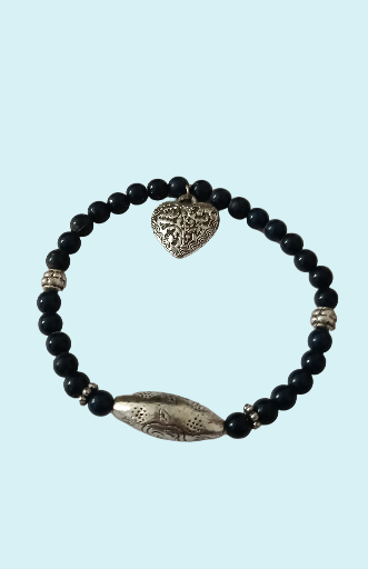 Bracelet élastique perles marine et coeur argenté