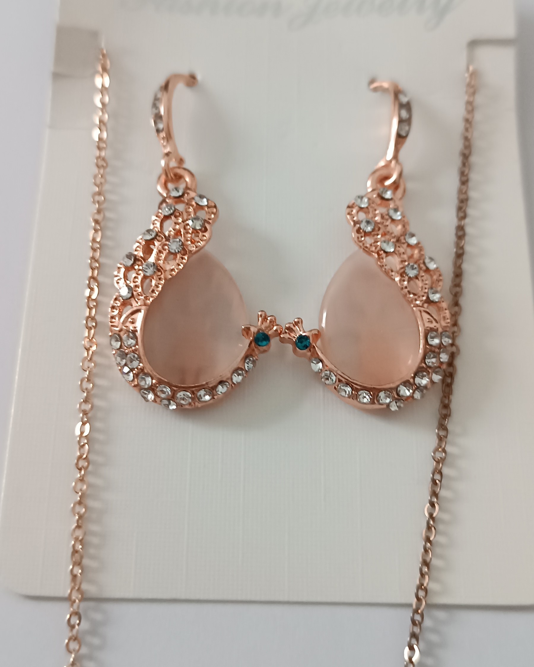 Parure Collier et Boucles d'Oreilles couleur or rose et strass