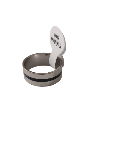 Bague argentée avec bande noire en acier inoxydable