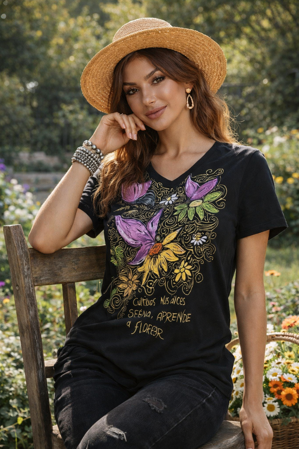 Camiseta de flores y mariposas