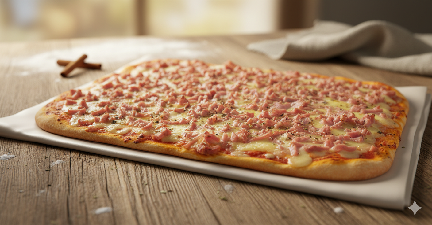 Pizza rectangular de jamón y queso