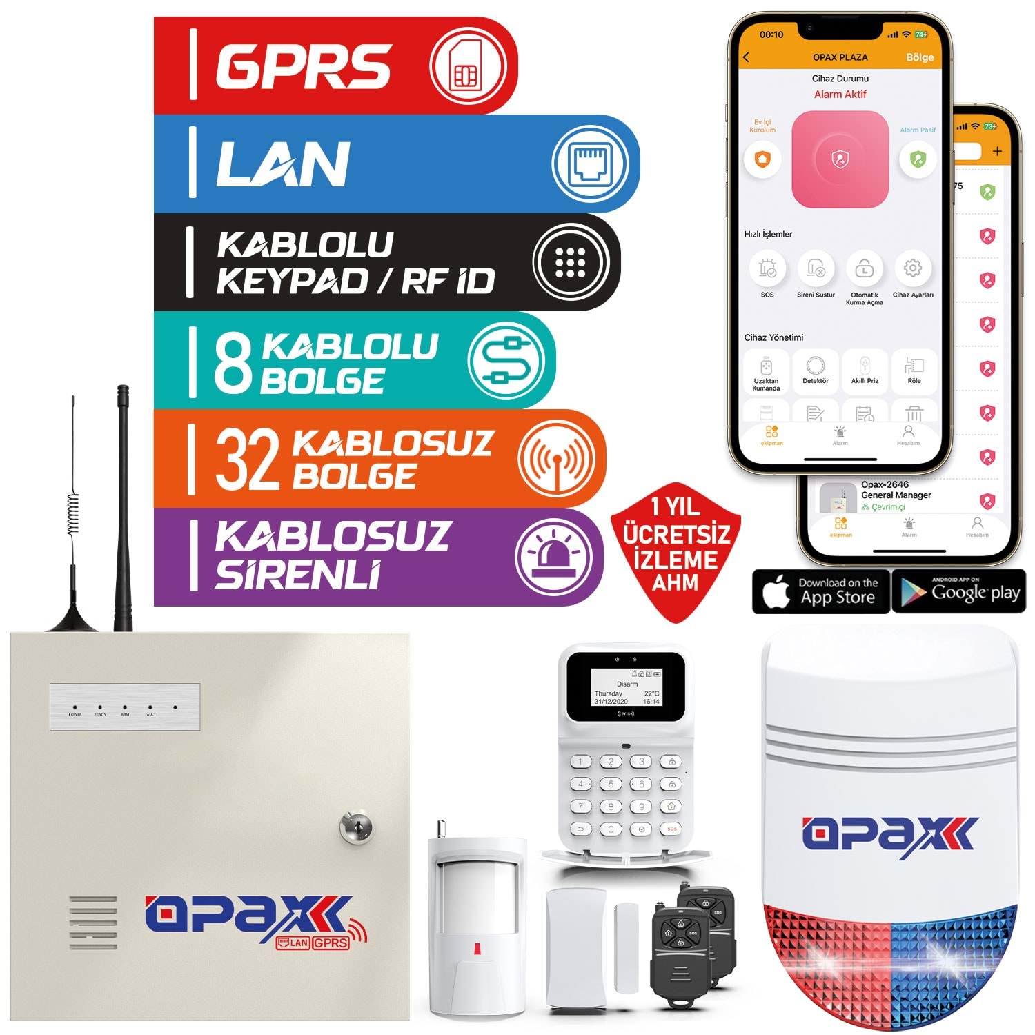 OPAX-2747 GPRS | LAN Destekli  FULL KABLOSUZ  ALARM SETİ