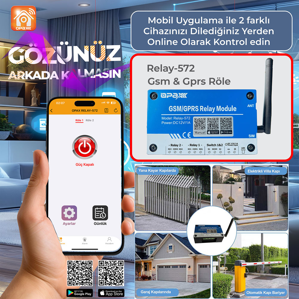 RELAY-572 GSM / GPRS RÖLE MODÜLÜ MOBİL UYGULAMA İLE BARİYER / KAPI / MOTOR AÇMA SİSTEMİ 2 RÖLELİ