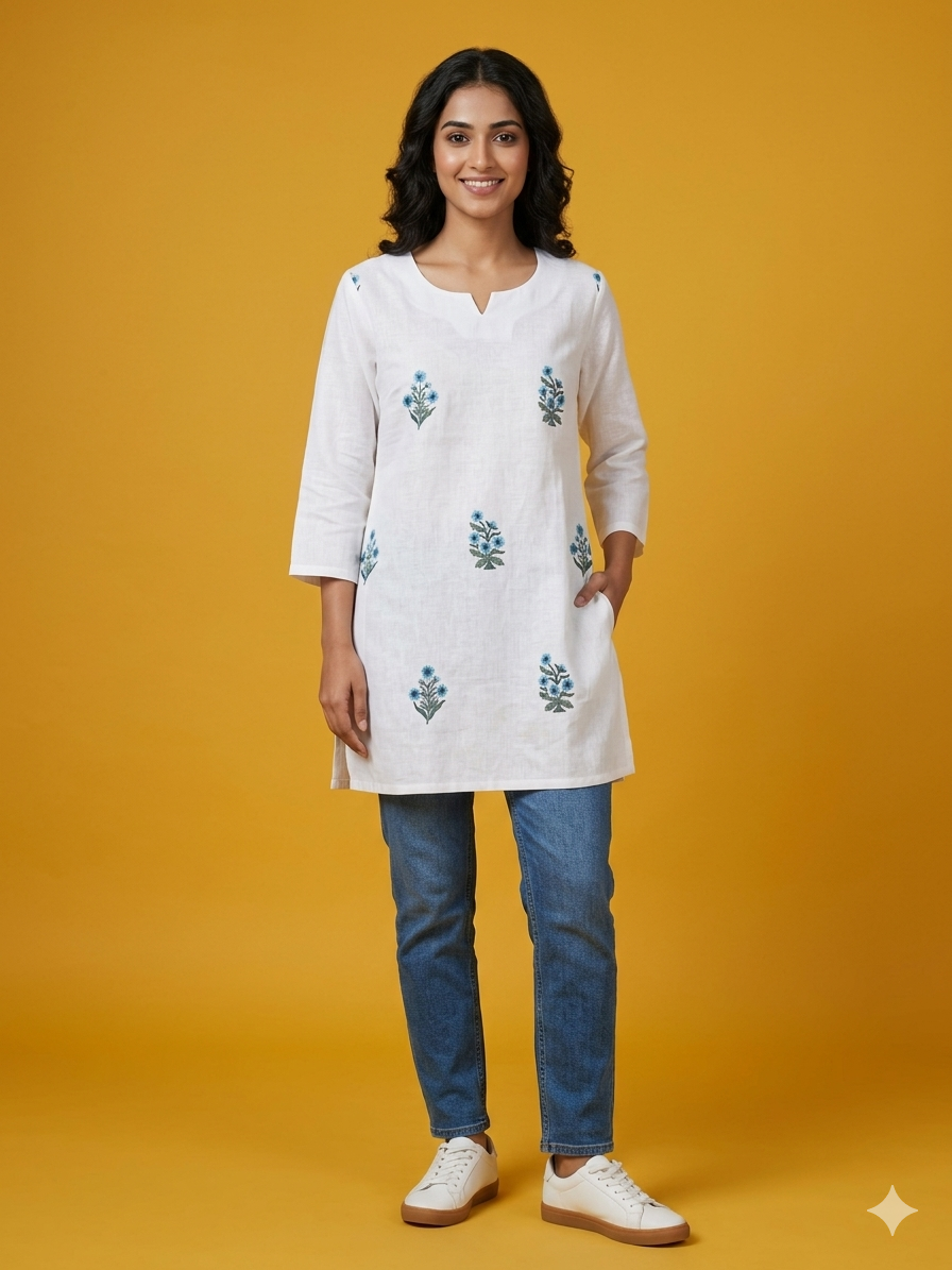 White Floral Printed Kurti