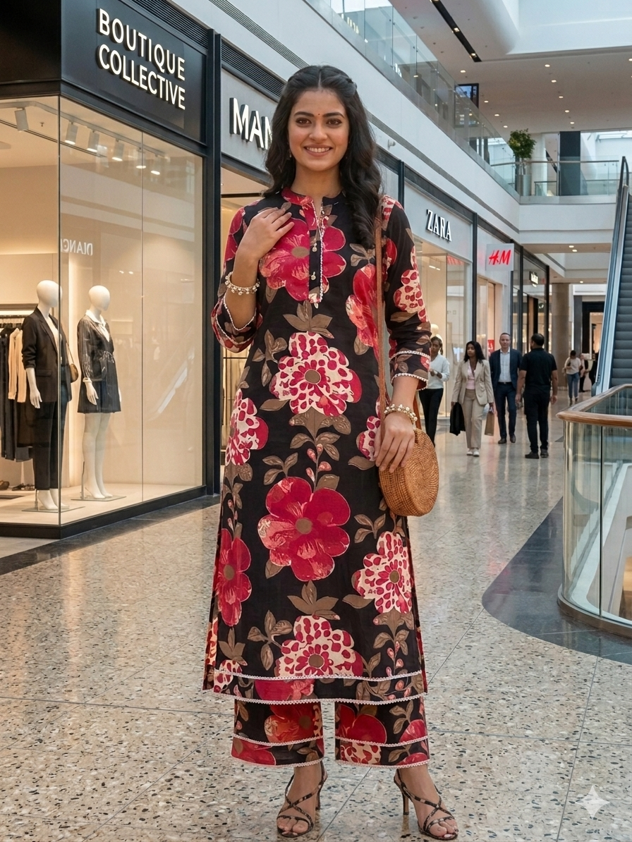 Floral Print Straight Kurti Set