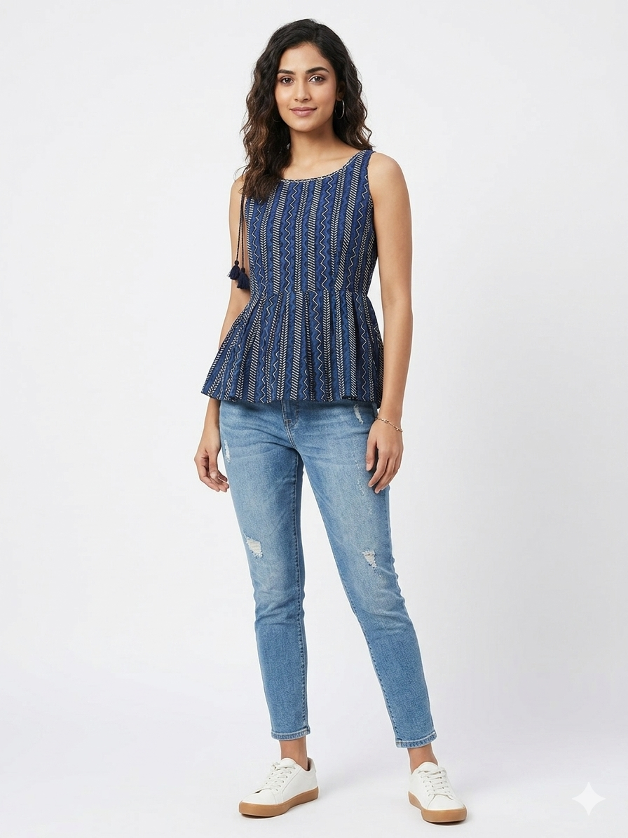 Blue Printed Sleeveless Peplum Top
