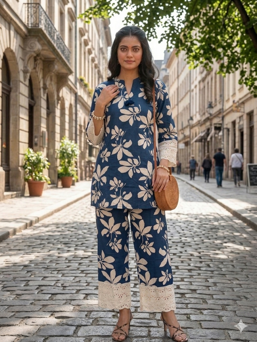 Floral Indigo Cotton Co-ord Set