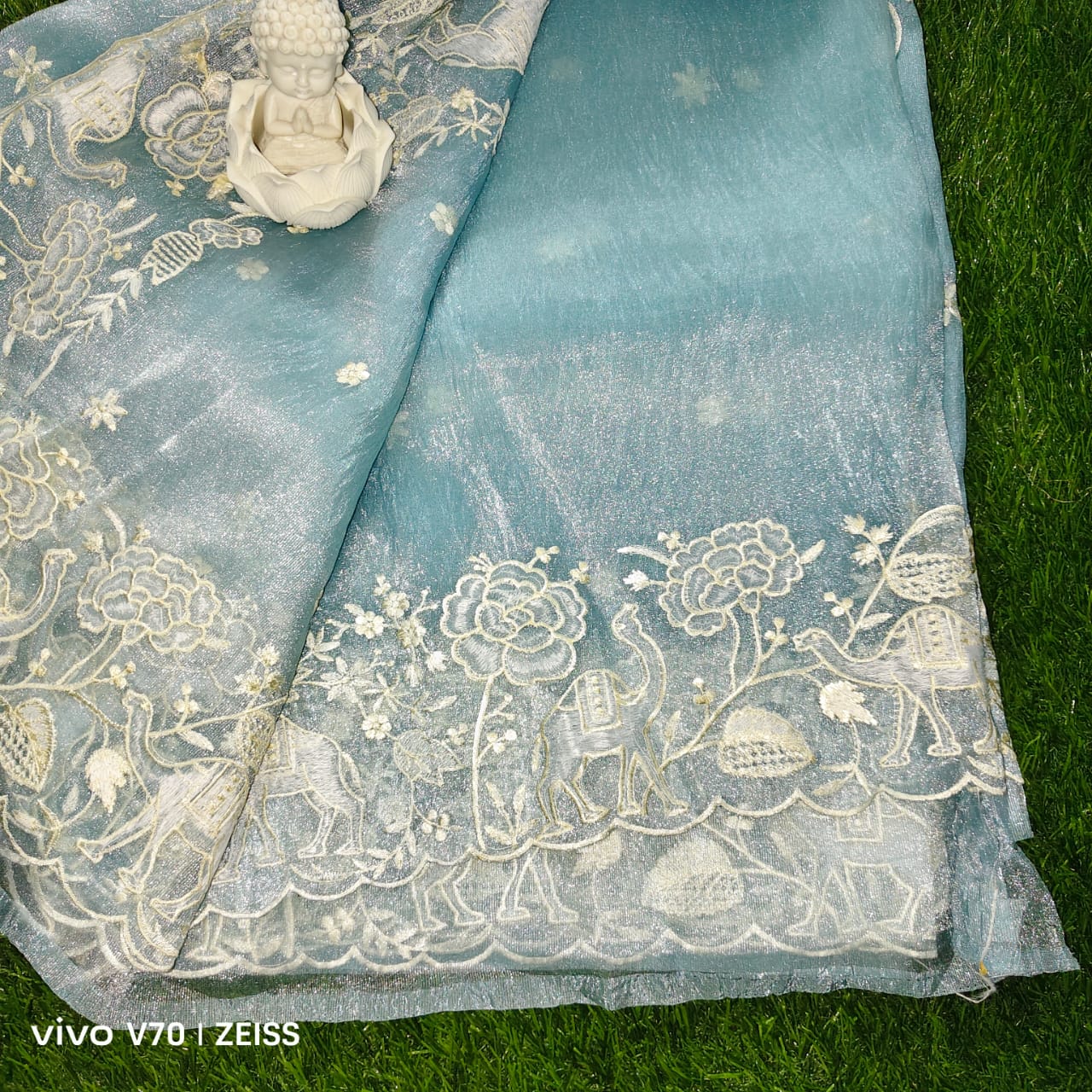 Premium Ice Blue Tissue Organza Saree with Intricate Applique Embroidery