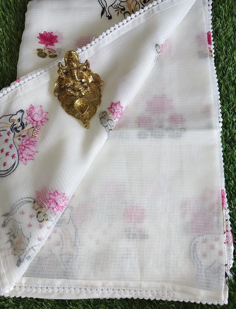 Classy White Kota Saree with Pichwai Cow and Lotus Embroidery