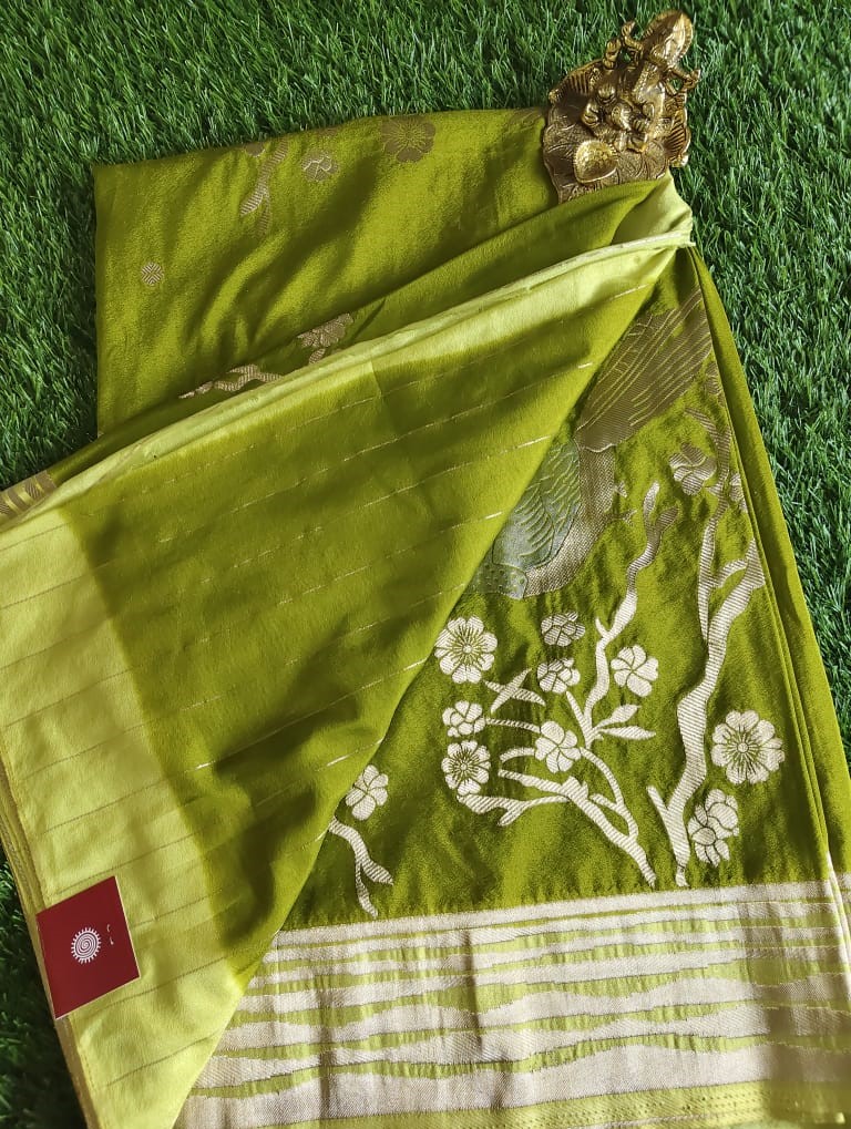 Parrot Green Georgette Saree with Gold Zari Weaving and Gold Border
