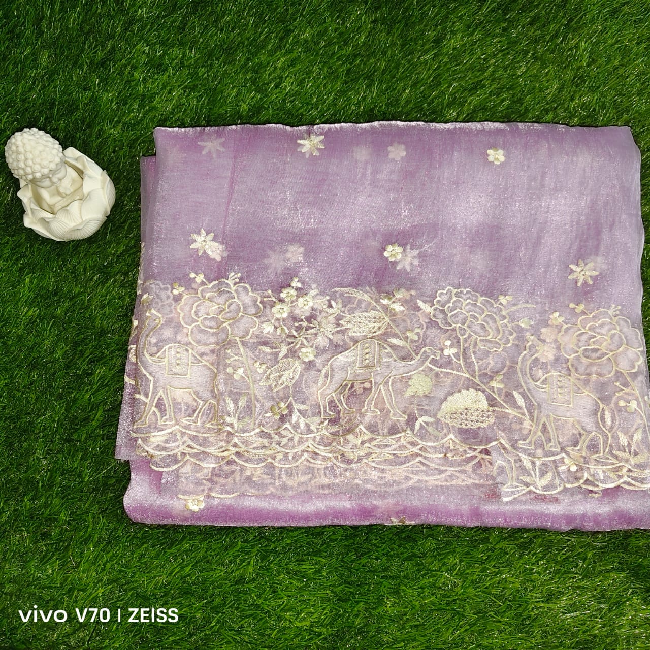 Premium Lavender Tissue Organza Saree with Intricate Applique Embroidery