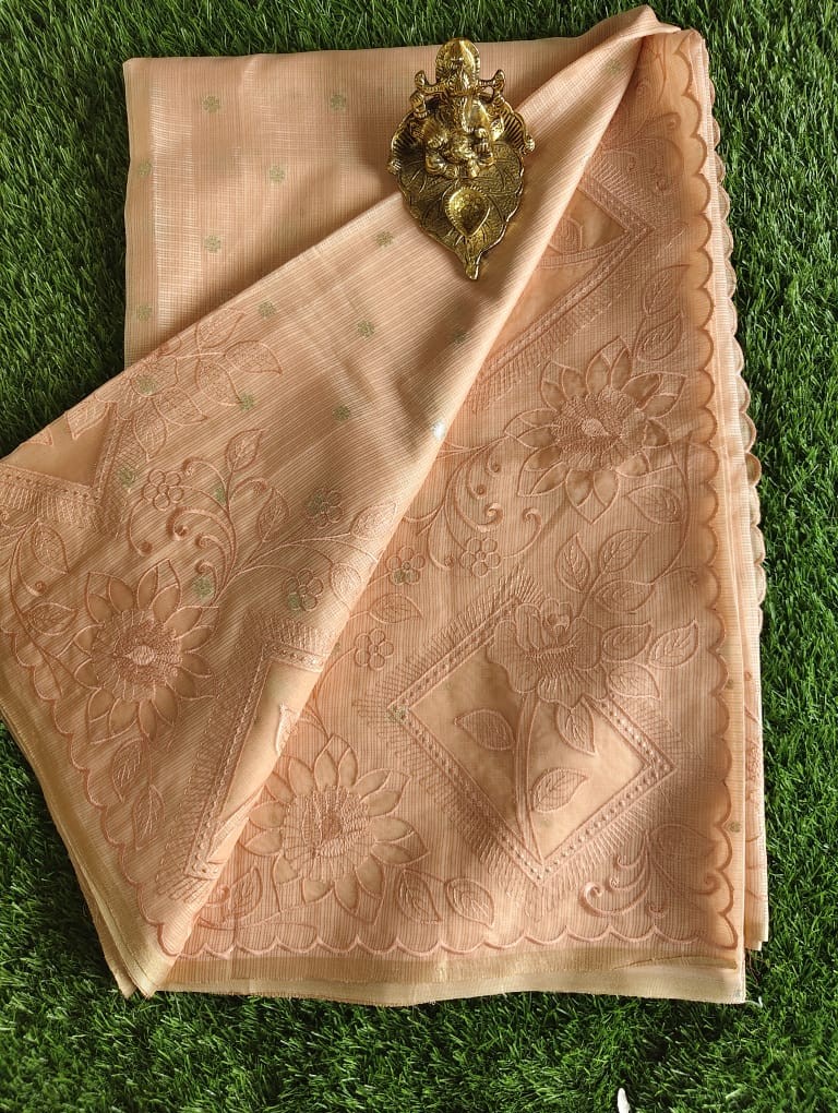 Elegant Peach Kota Saree with Organza Embroidered Border