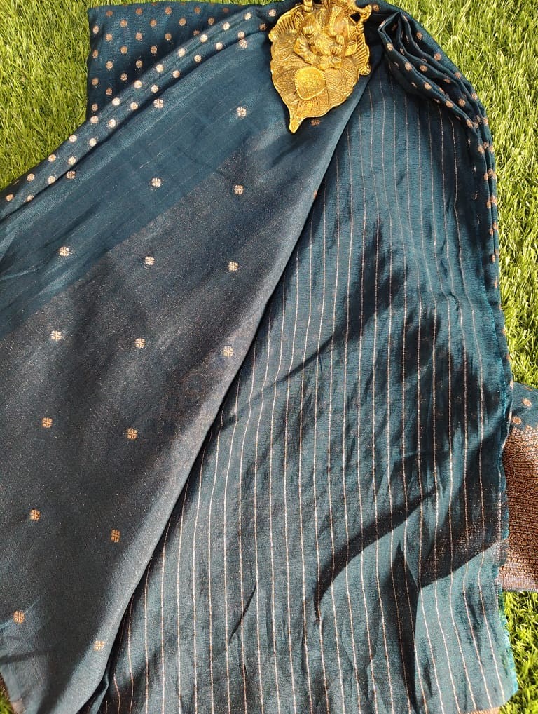 Elegant Blue Khaddi Georgette Saree with Golden Dot Pattern