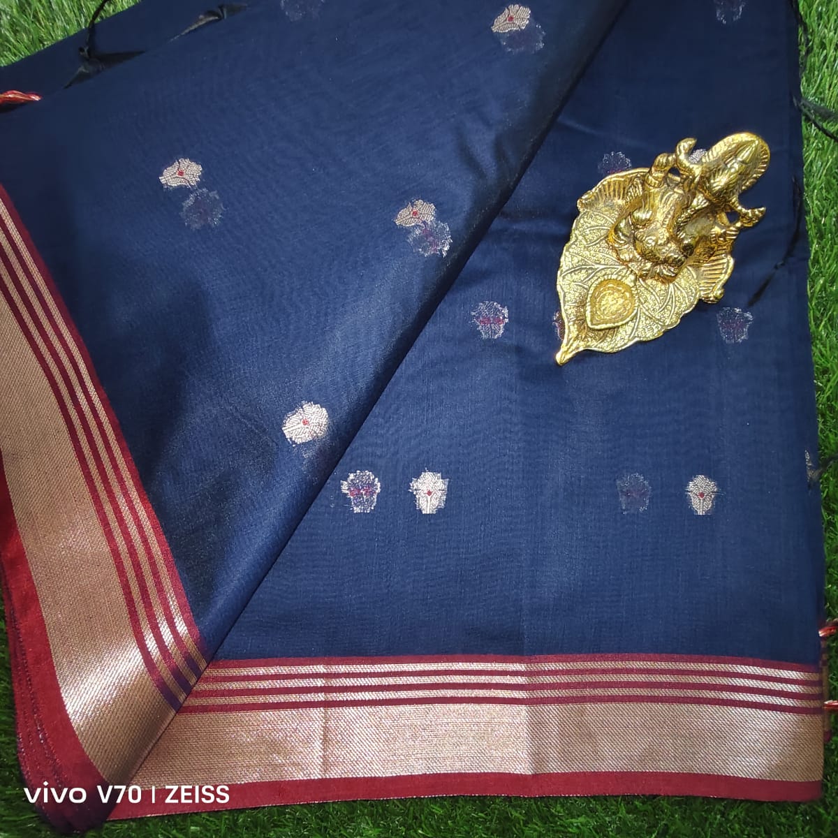 Navy Blue Chanderi Cotton Saree with Gold Zari Border and Woven Motifs