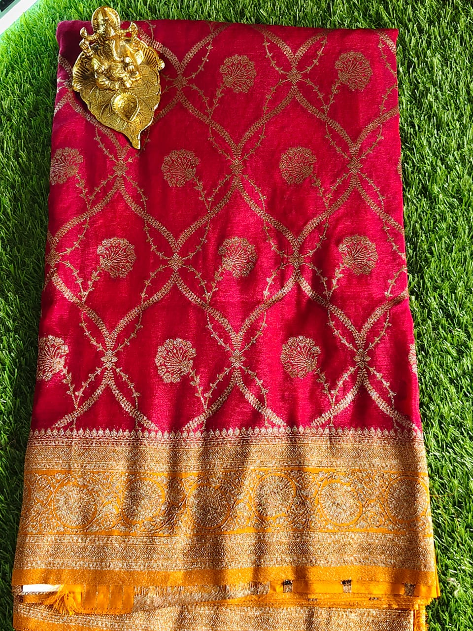 Red Khaddi Jaal Pure Georgette Saree with Antique Zari Work and Yellow Border