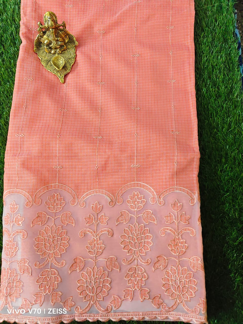 Elegant Peach Kota Saree with Floral Embroidered Border