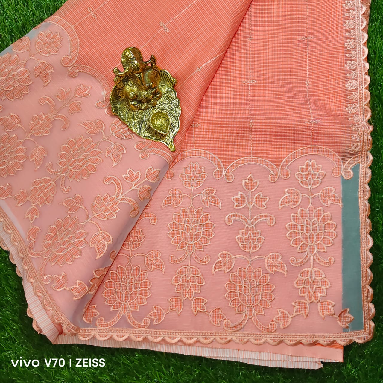 Elegant Peach Kota Saree with Floral Embroidered Border