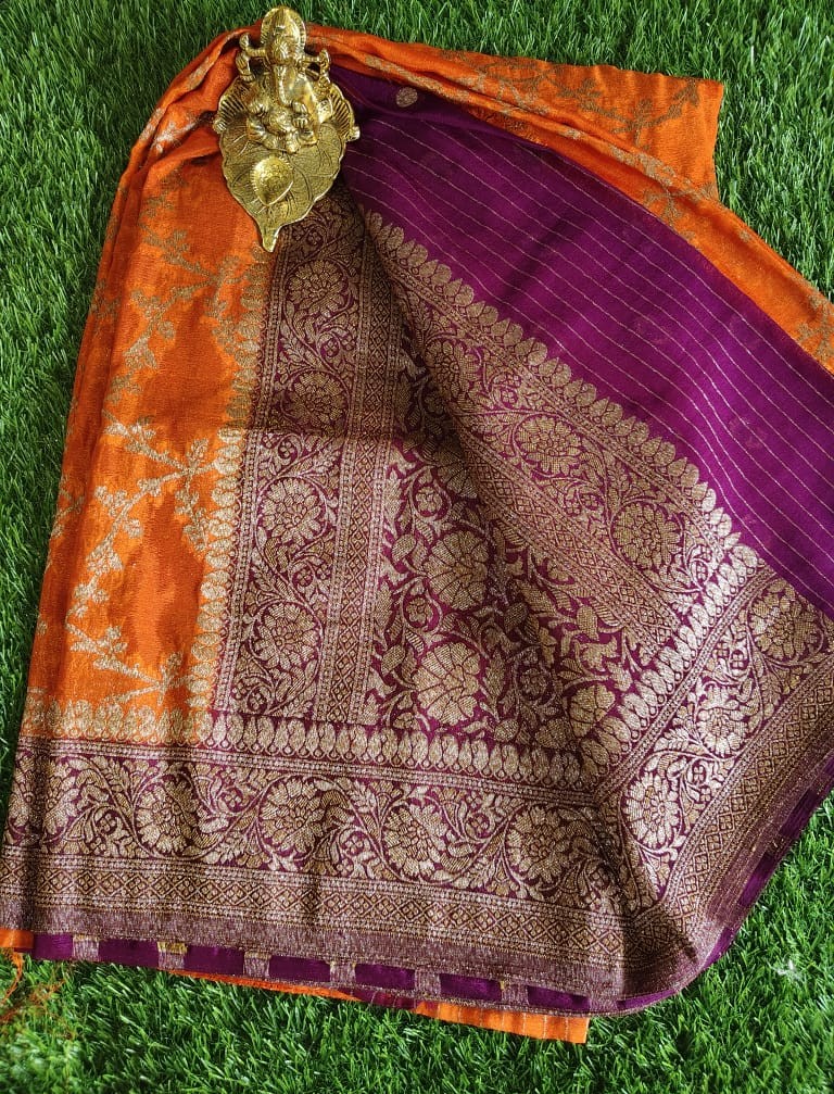 Beautiful Orange Khaddi Jaal Pure Georgette Saree with Wine Contrast Border