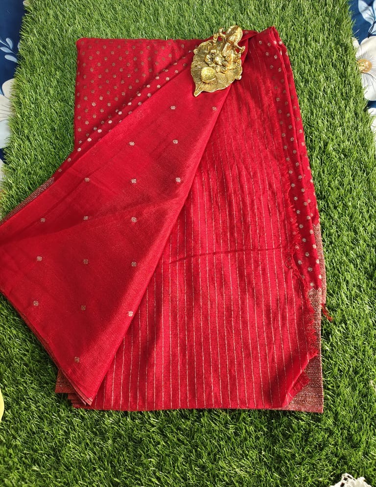 Elegant Red Khaddi Georgette Saree with Golden Dot Pattern