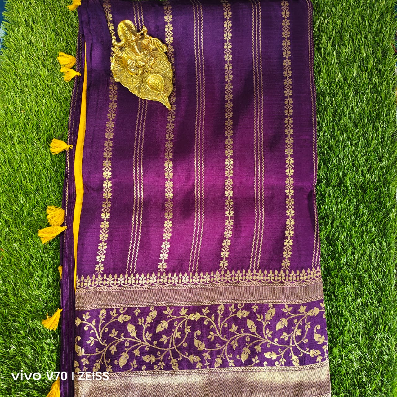 Beautiful Purple Dola Silk Saree with Gold Zari Stripes and Floral Border
