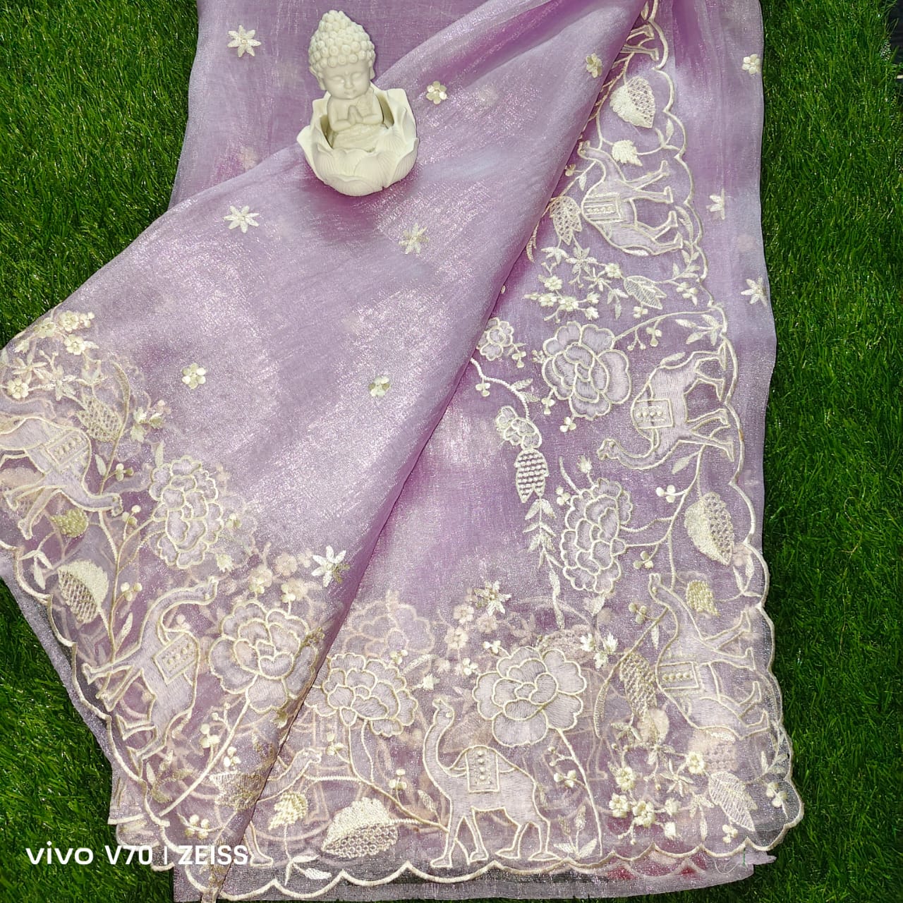 Premium Lavender Tissue Organza Saree with Intricate Applique Embroidery