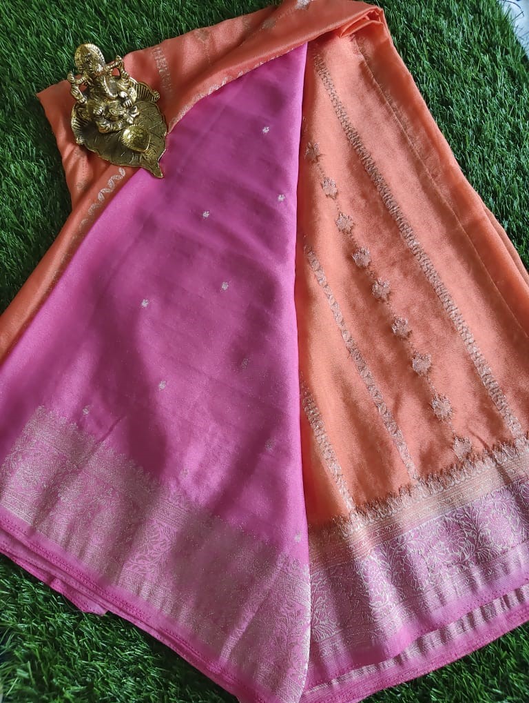 Orange Georgette Saree with Pink Zari Brocade Pallu