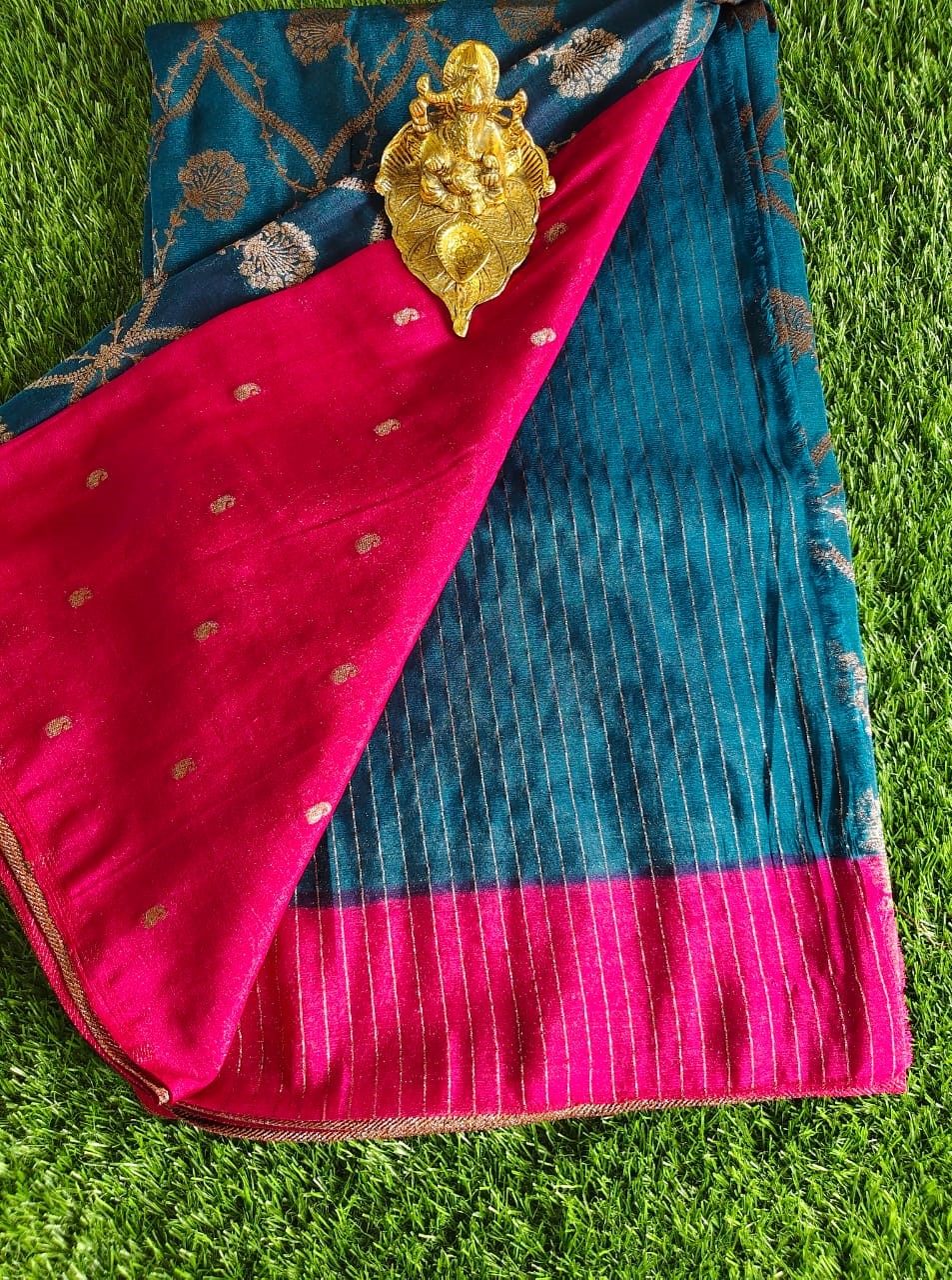 Teal Blue Khaddi Jaal Pure Georgette Saree with Antique Zari Work and Pink Border
