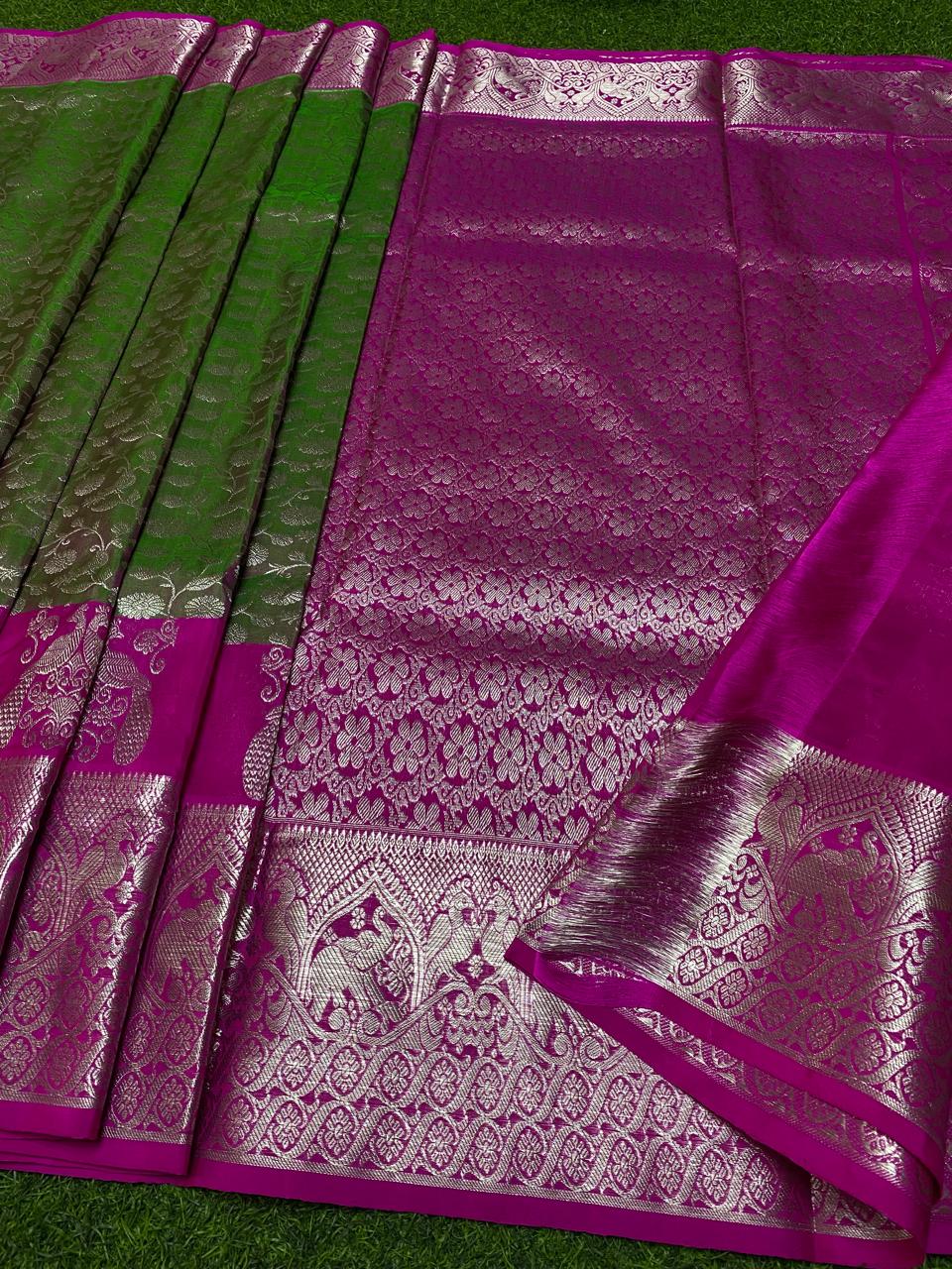 Venkatagiri Pure Handloom Pattu Saree with 12 Inch Rich Designer Border and Hand Buta