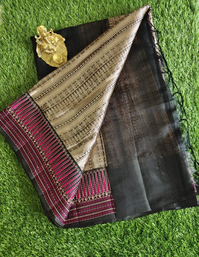 Classic Black Jute Linen Saree with Rich Gold Brocade