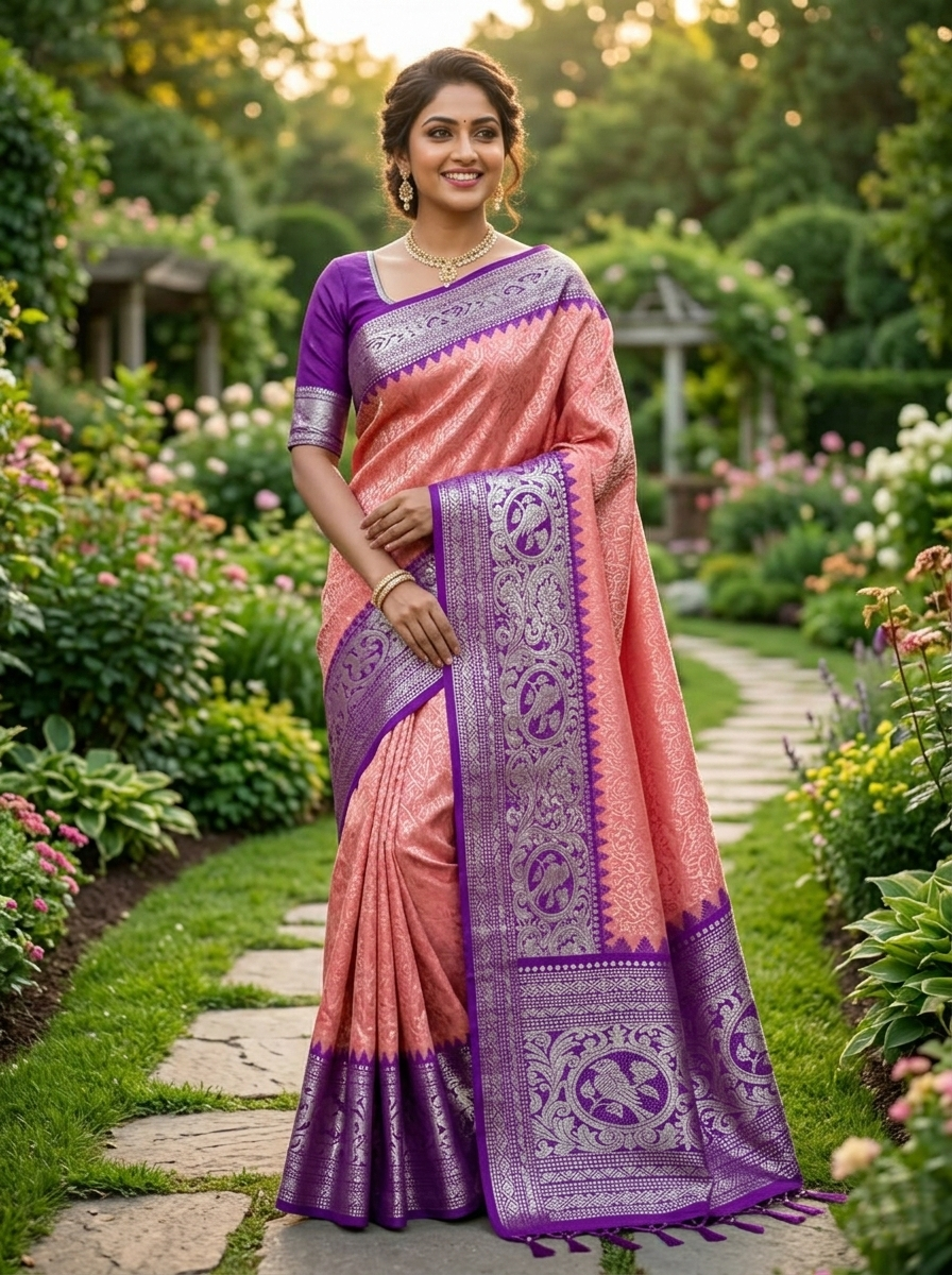 Venkatagiri Pure Handloom Pattu Saree with 12 Inch Special Kuttu Border and Hand Buta – Peach & Purple