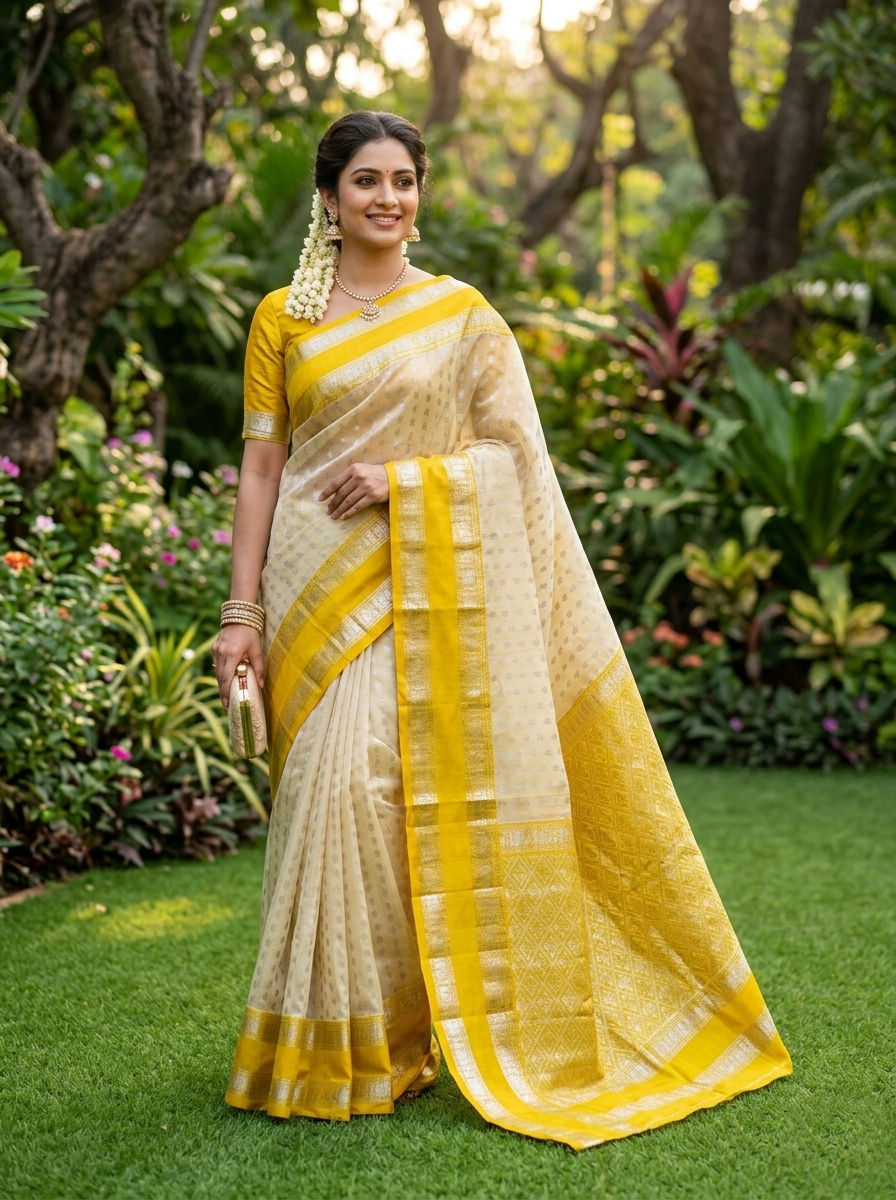 Venkatagiri Pure Handloom Pattu Saree with 6 Inch Gap Border and Handwork Buta – Cream & Yellow