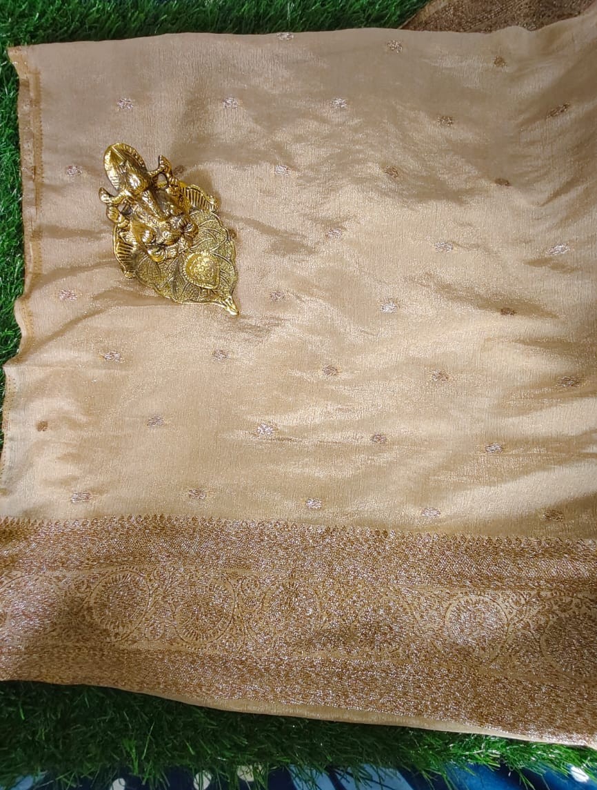 Beautiful Beige Khaddi Jaal Pure Georgette Saree with Antique Zari Work