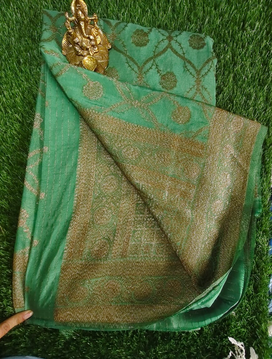 Classic Lux Green Khaddi Jaal Pure Georgette Saree with Antique Zari Work