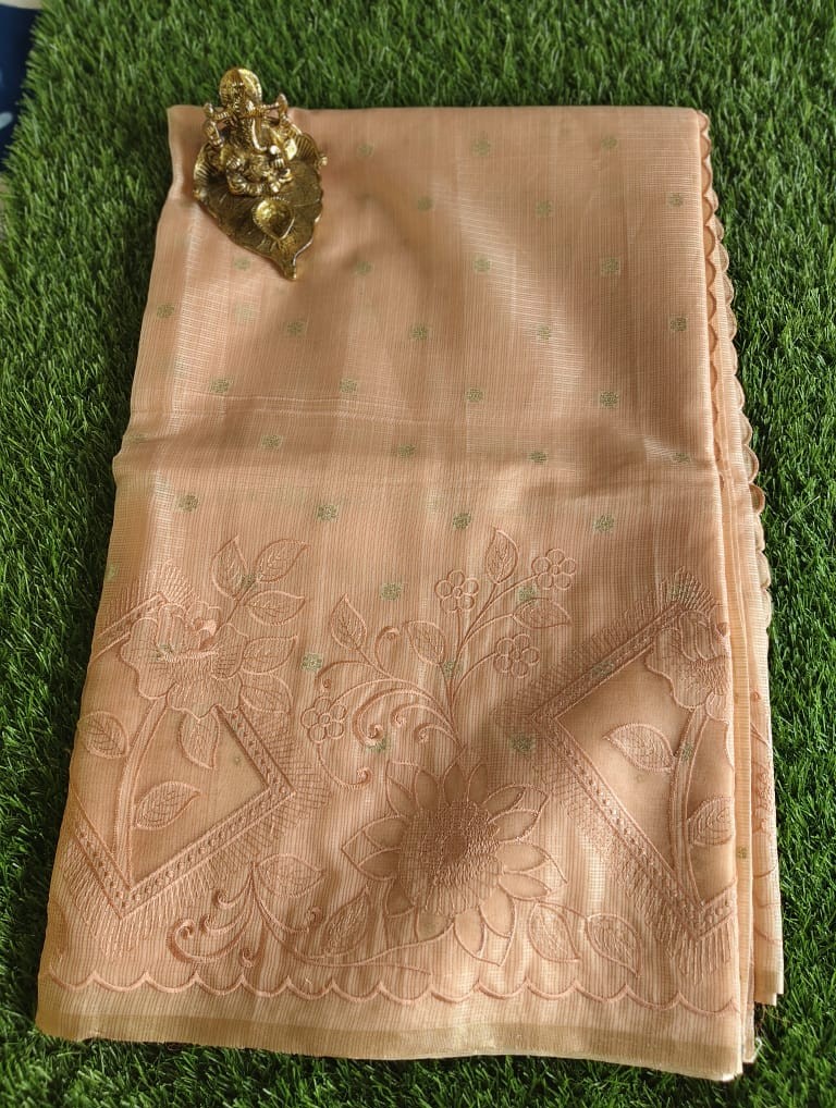Elegant Peach Kota Saree with Organza Embroidered Border