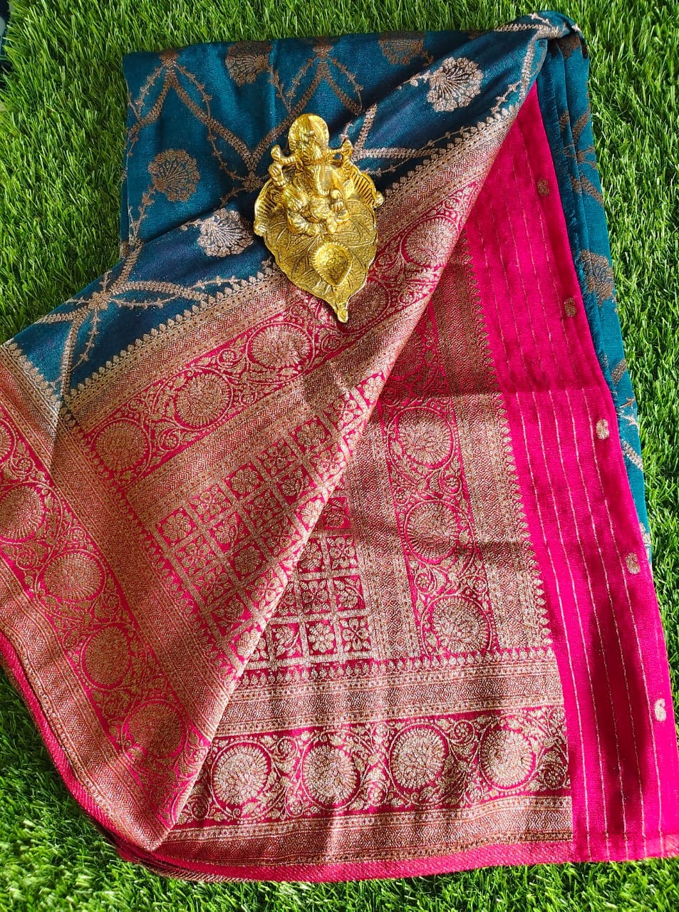 Teal Blue Khaddi Jaal Pure Georgette Saree with Antique Zari Work and Pink Border