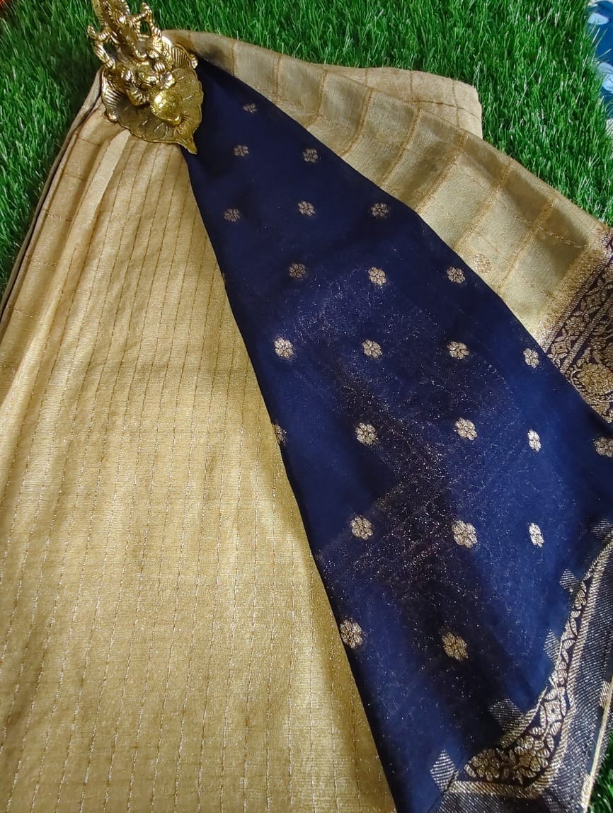 Elegant Beige Khaddi Georgette Saree with Dark Blue Border and Gold Motifs