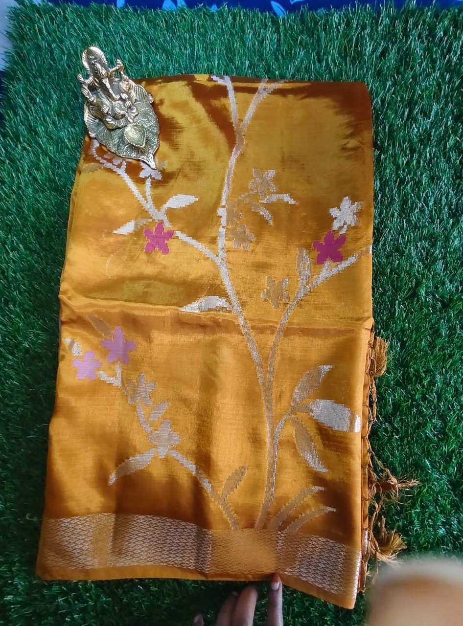 Elegant Mustard Yellow Raw Mango Silk Saree with Handwoven Jamdani Work