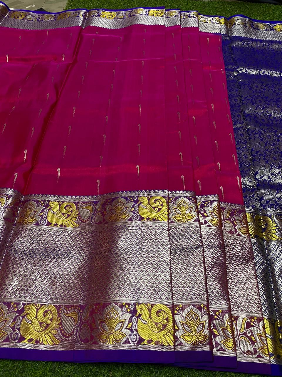 Venkatagiri Pure Handloom Pattu Saree with 12 Inch Designer Border and Hand Buta