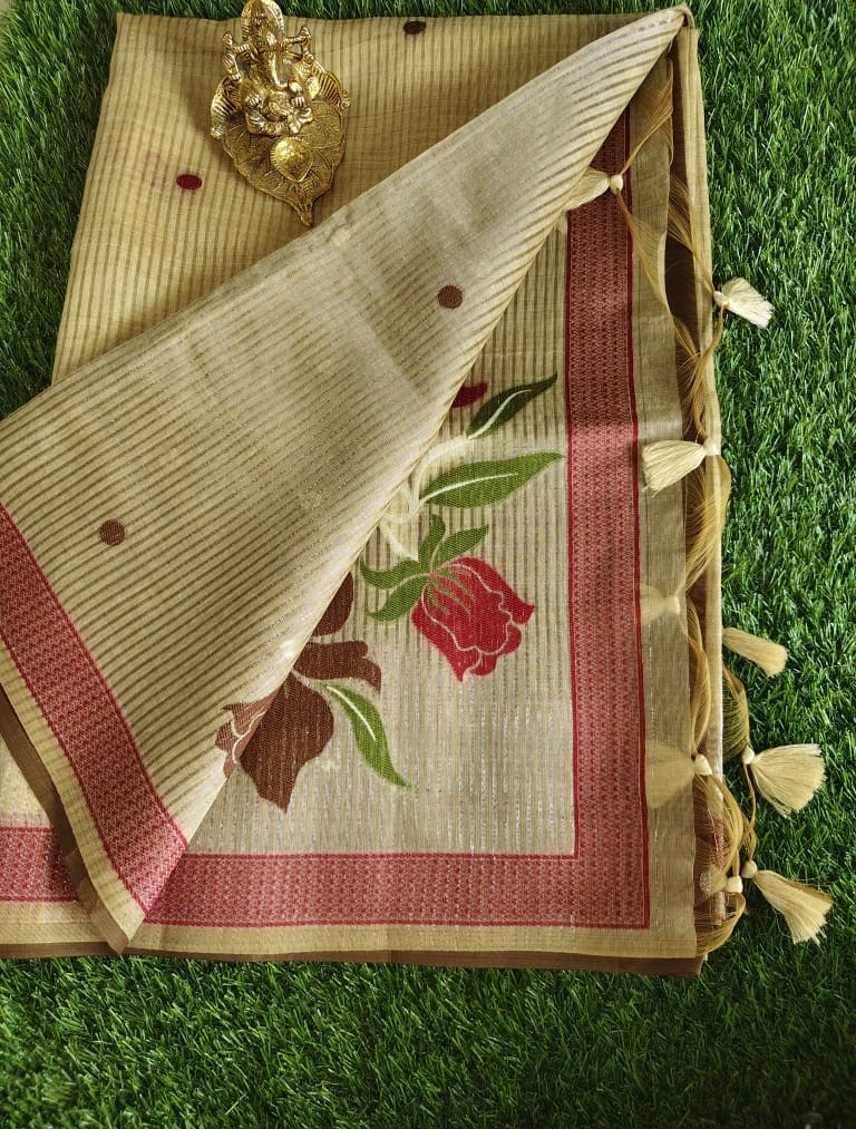 Mustard Jamdhani Tissue Saree with Scattered Motifs and Tassel Pallu