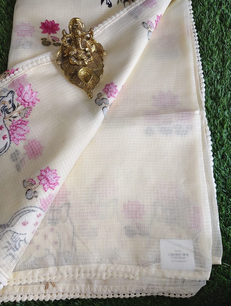 Classy Half White Kota Saree with Pichwai Cow and Lotus Embroidery