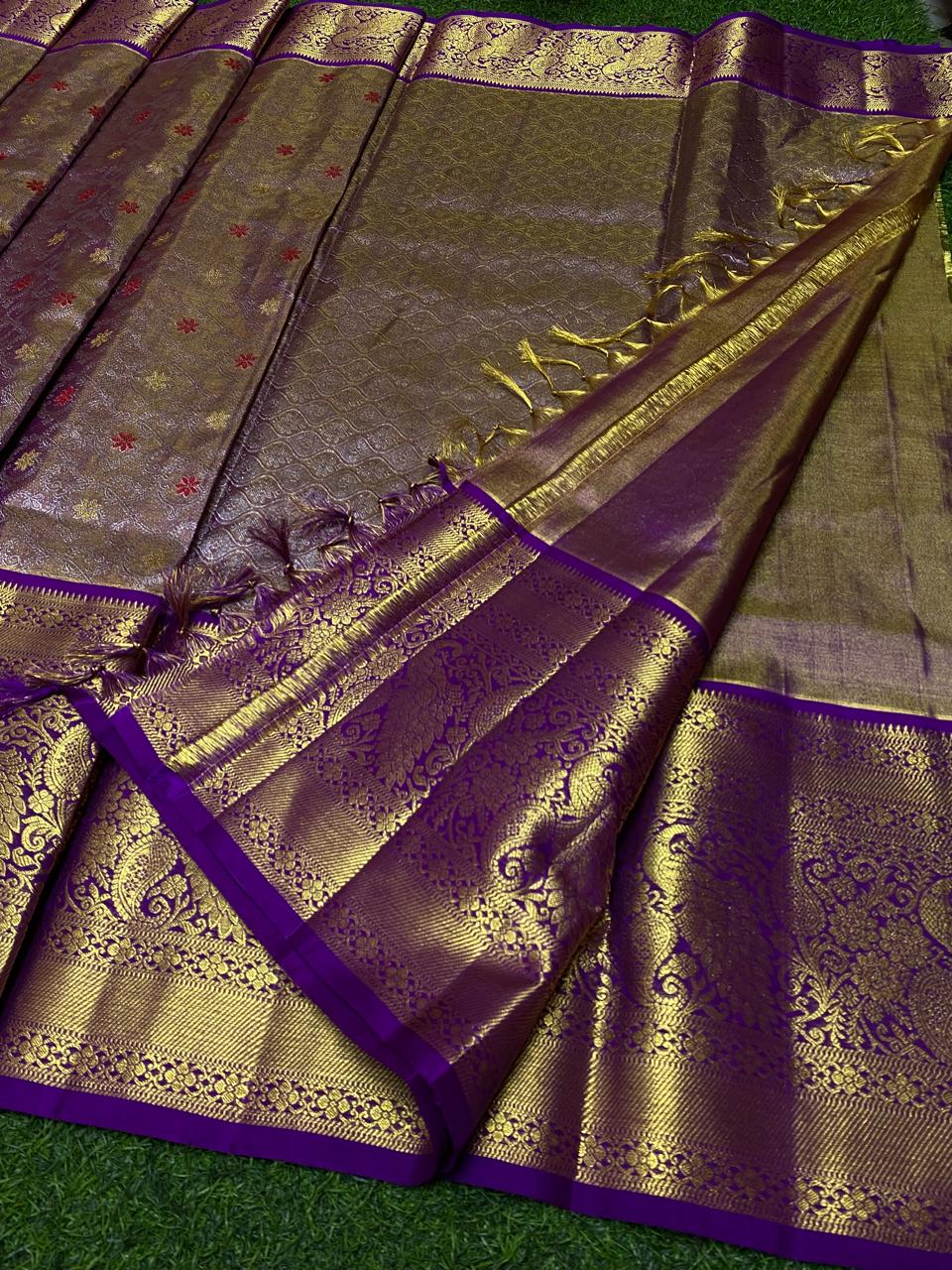 Venkatagiri Pure Handloom Tissue Saree with 12 Inch Border and Hand Buta