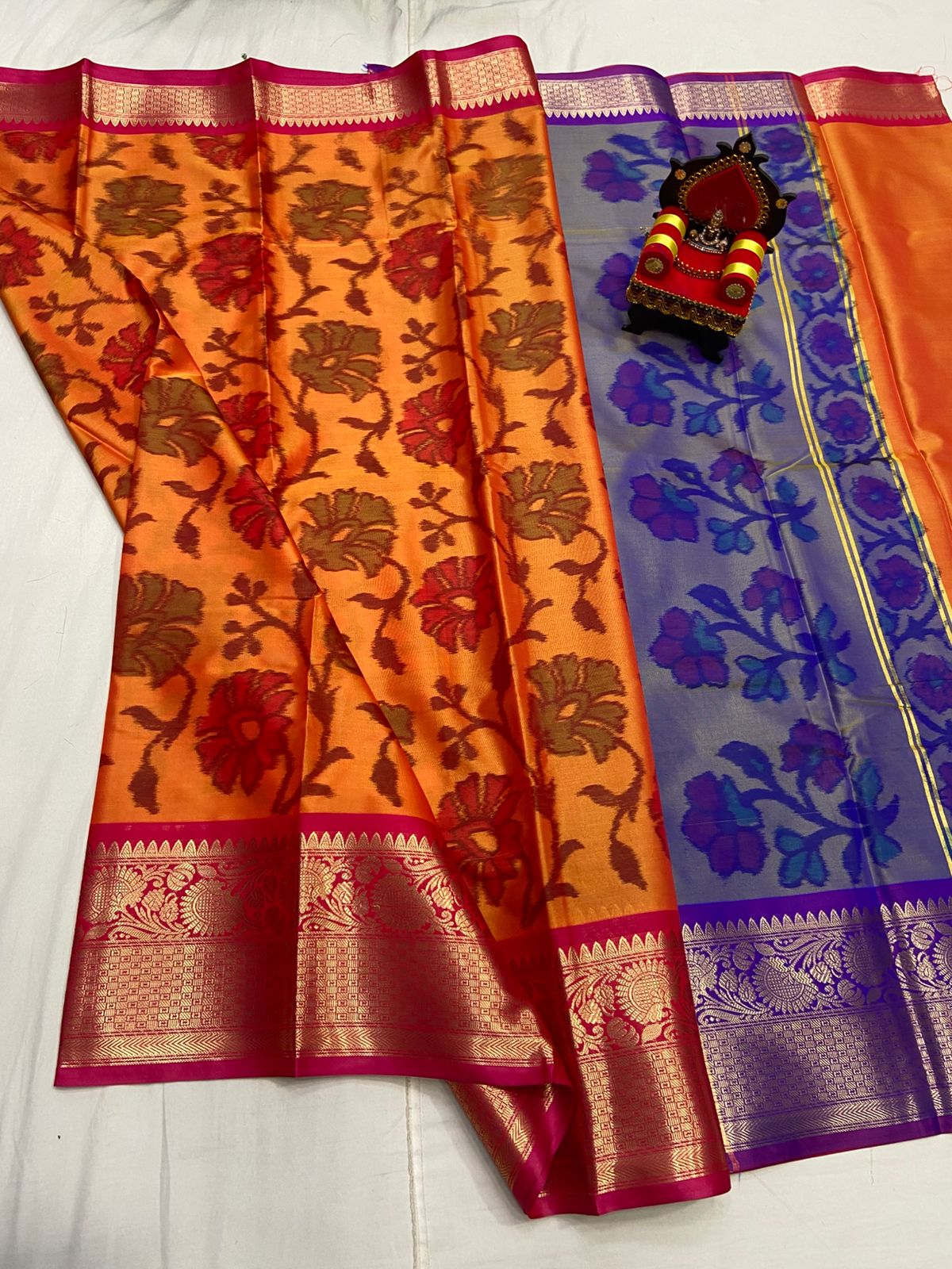 Soft Silk Pochampally Saree with Mini Pythoni Border and Contrast Pallu